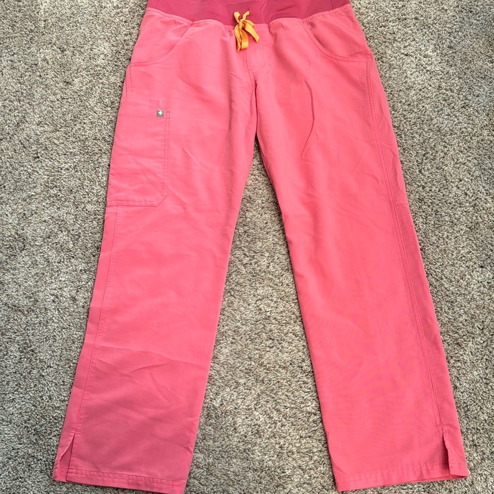 Figs Women's Scrub Pants in Coral with Gold Drawstring